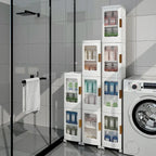 4-Tier Plastic Tall Narrow Storage Cabinet with Movable Wheels, Slim Bathroom Organizers and Storage for Small Space