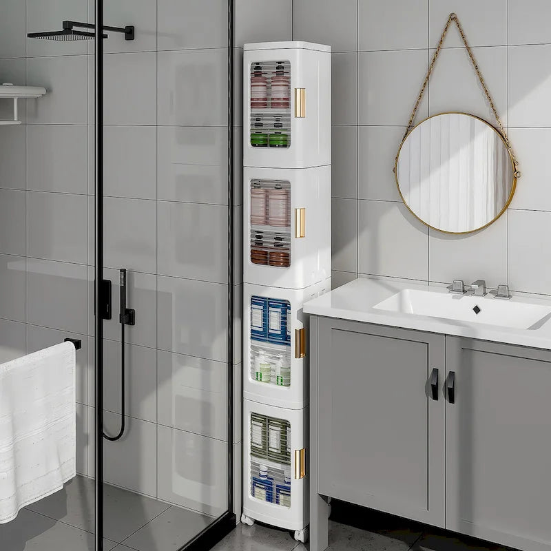 Mobile con contenitori salvaspazio da bagno a 4 ripiani in plastica, sottile e stretto, con ruote, per piccoli spazi