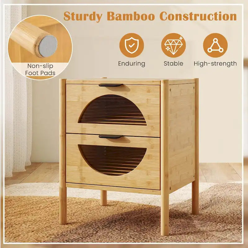 Comodino in bambù da 1/2 pz con 2 cassetti portaoggetti e dettagli a coste