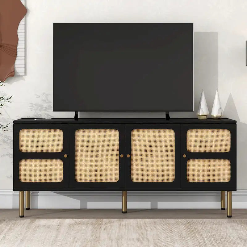 Mobile porta TV/consolle con mobiletto contenitore in legno e rattan, stile rustico bohémien - 16,90 x 64,90 x 28,30