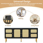 Mobile porta TV/consolle con mobiletto contenitore in legno e rattan, stile rustico bohémien - 16,90 x 64,90 x 28,30