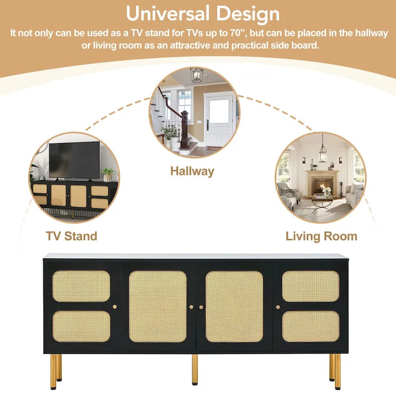 Mobile porta TV/consolle con mobiletto contenitore in legno e rattan, stile rustico bohémien - 16,90 x 64,90 x 28,30