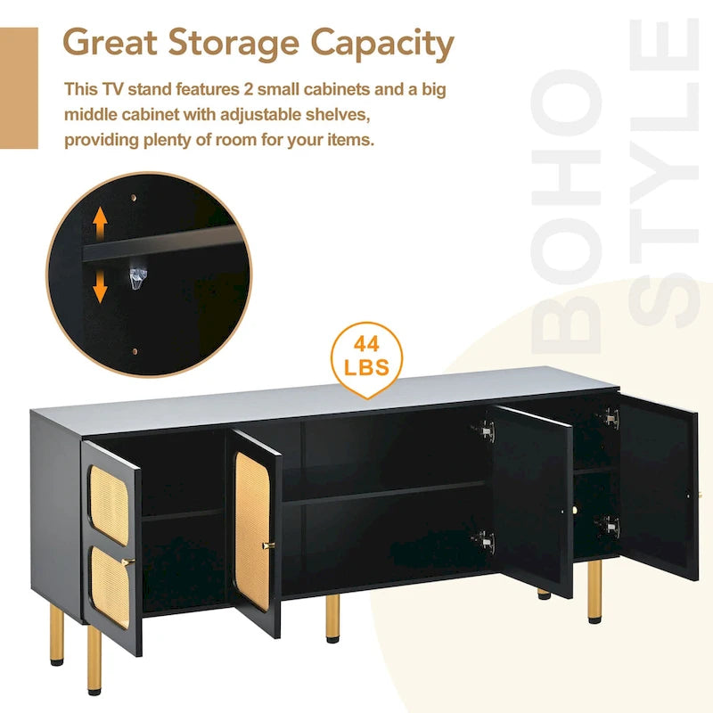 Mobile porta TV/consolle con mobiletto contenitore in legno e rattan, stile rustico bohémien - 16,90 x 64,90 x 28,30