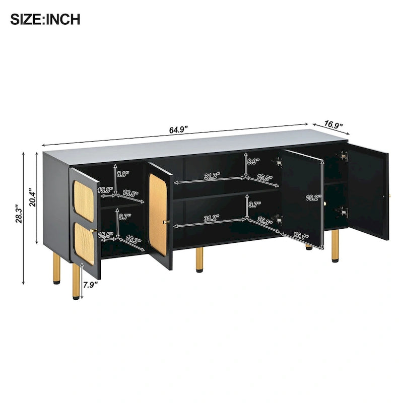 Mobile porta TV/consolle con mobiletto contenitore in legno e rattan, stile rustico bohémien - 16,90 x 64,90 x 28,30