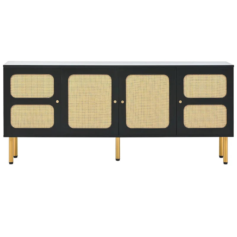 Mobile porta TV/consolle con mobiletto contenitore in legno e rattan, stile rustico bohémien - 16,90 x 64,90 x 28,30