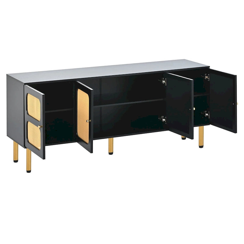 Mobile porta TV/consolle con mobiletto contenitore in legno e rattan, stile rustico bohémien - 16,90 x 64,90 x 28,30