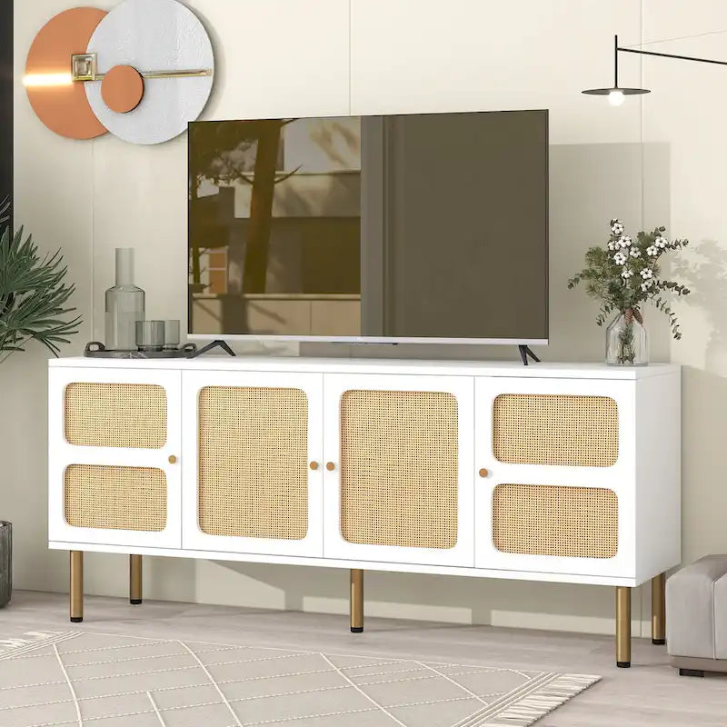 Mobile porta TV/consolle con mobiletto contenitore in legno e rattan, stile rustico bohémien - 16,90 x 64,90 x 28,30