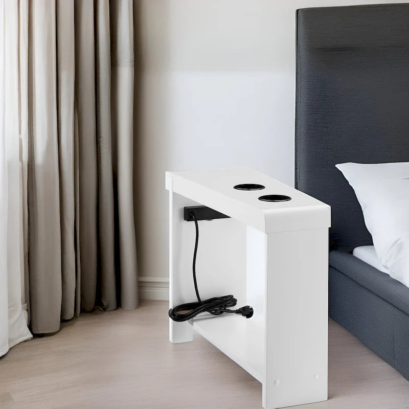 Tavolino stretto con stazione di ricarica - Comodino con contenitore, 2 prese di corrente e 2 porte USB