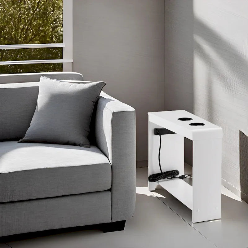 Tavolino stretto con stazione di ricarica - Comodino con contenitore, 2 prese di corrente e 2 porte USB