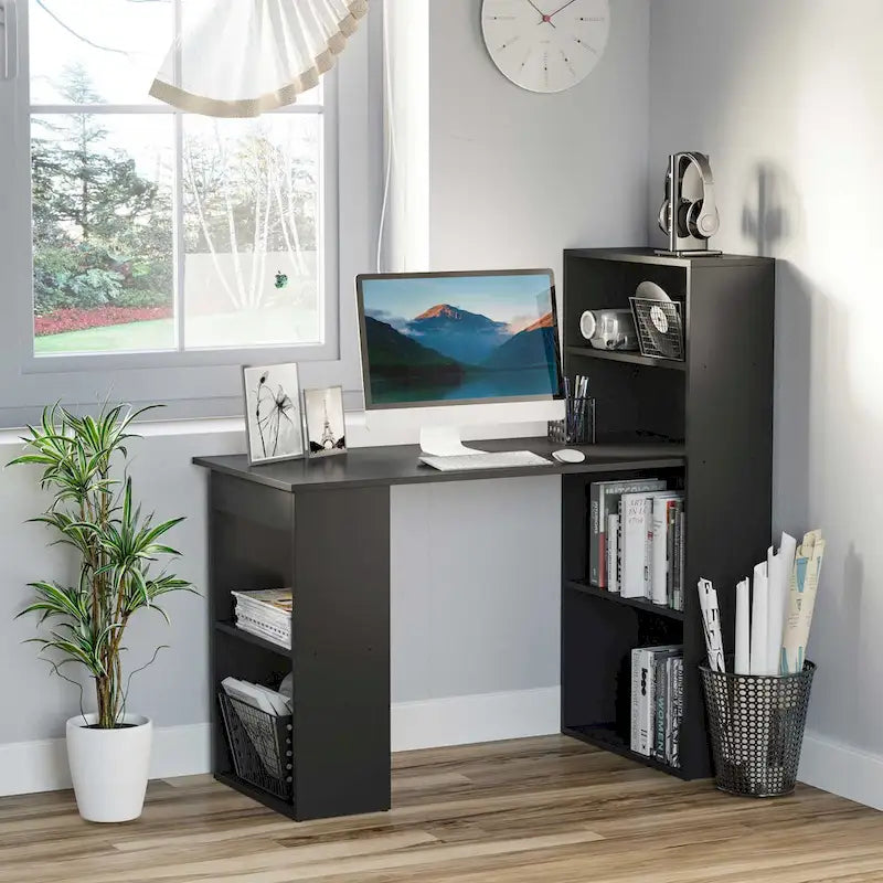 Scrivania moderna e compatta per computer con scaffali a 6 ripiani, postazione di lavoro con libreria per l'home office
