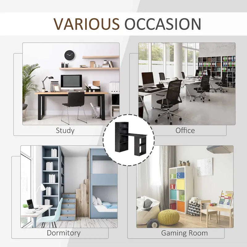 Scrivania moderna e compatta per computer con scaffali a 6 ripiani, postazione di lavoro con libreria per l'home office