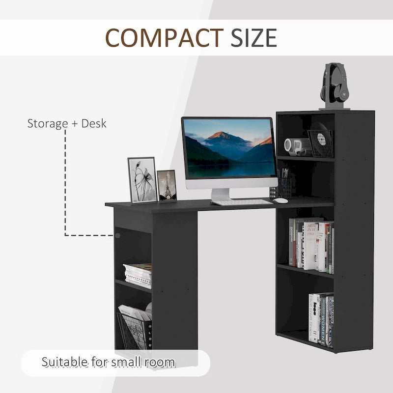 Scrivania moderna e compatta per computer con scaffali a 6 ripiani, postazione di lavoro con libreria per l'home office