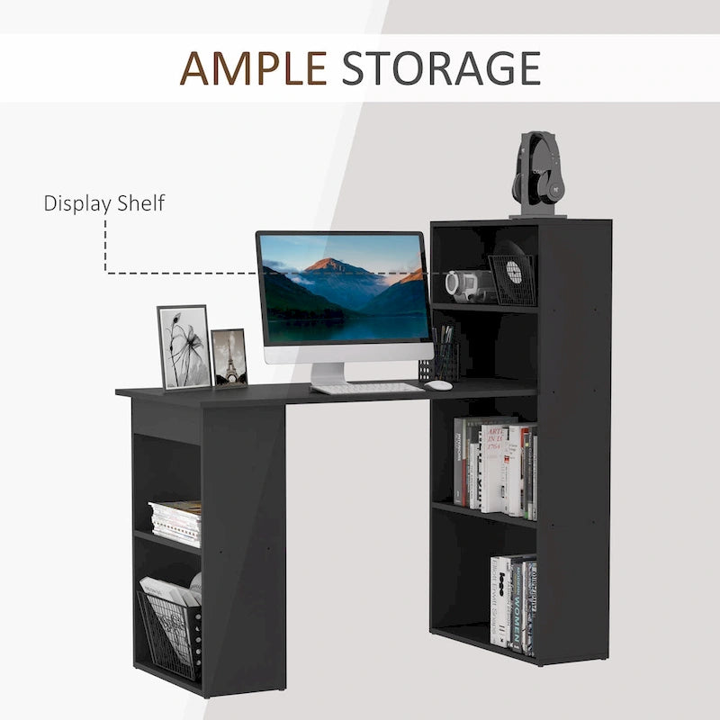 Scrivania moderna e compatta per computer con scaffali a 6 ripiani, postazione di lavoro con libreria per l'home office