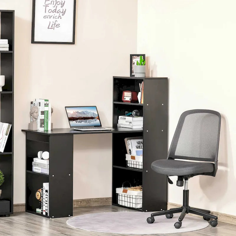 Scrivania moderna e compatta per computer con scaffali a 6 ripiani, postazione di lavoro con libreria per l'home office