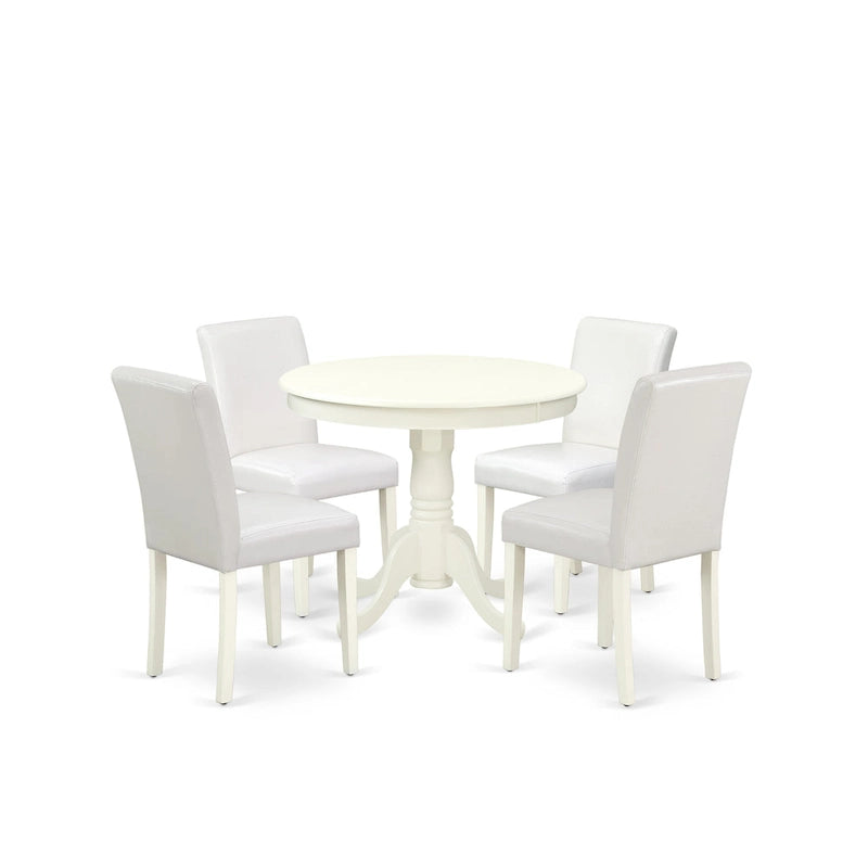 Tavolo da pranzo - Tavolo rotondo da cucina e sedie Parson in similpelle bianca, bianco lino (Opzioni)