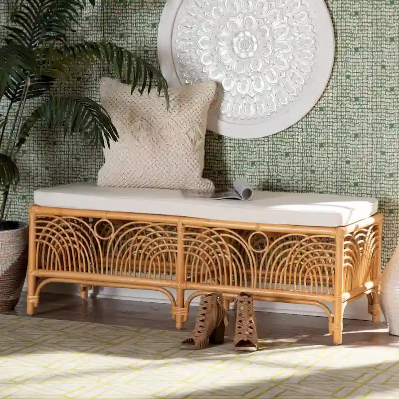 Panca in Rattan Marrone Naturale Moderna Bohemien Materra