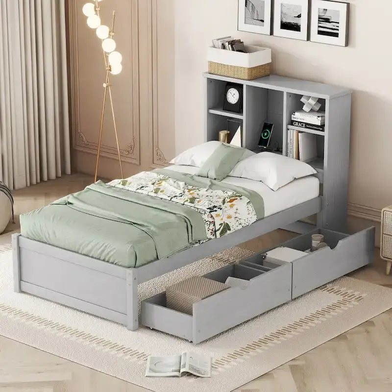 Struttura letto moderna matrimoniale (twin) con porta USB integrata nella testiera a libreria e 2 cassetti, per camera da letto, soggiorno