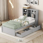 Struttura letto moderna matrimoniale (twin) con porta USB integrata nella testiera a libreria e 2 cassetti, per camera da letto, soggiorno