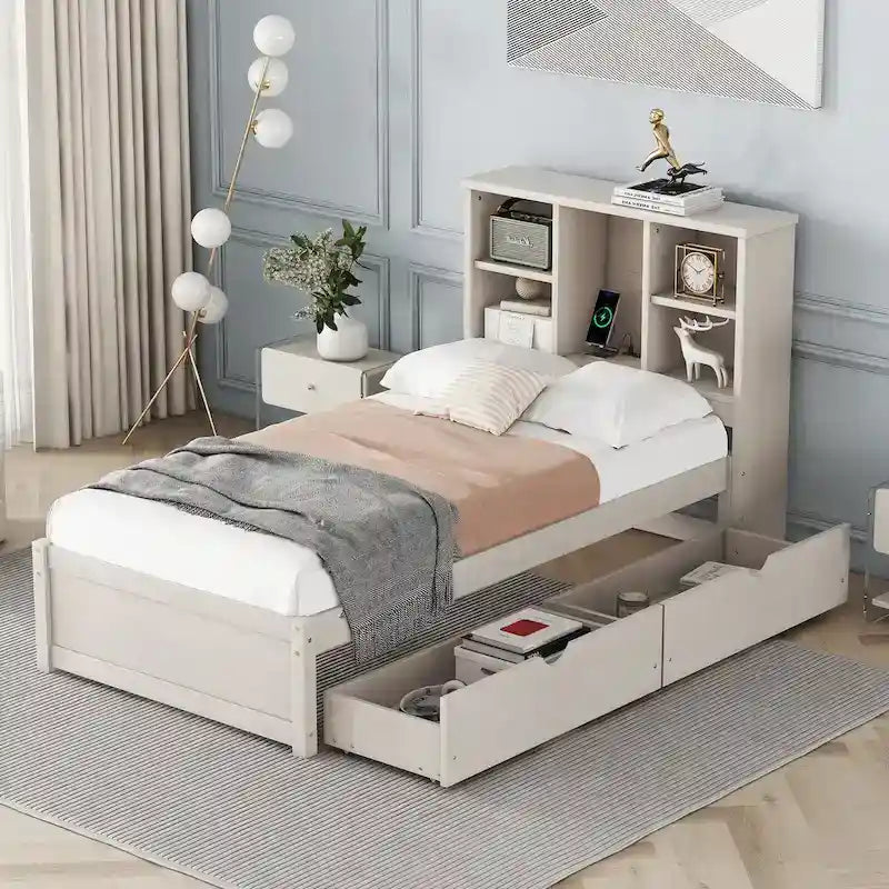 Struttura letto moderna matrimoniale (twin) con porta USB integrata nella testiera a libreria e 2 cassetti, per camera da letto, soggiorno