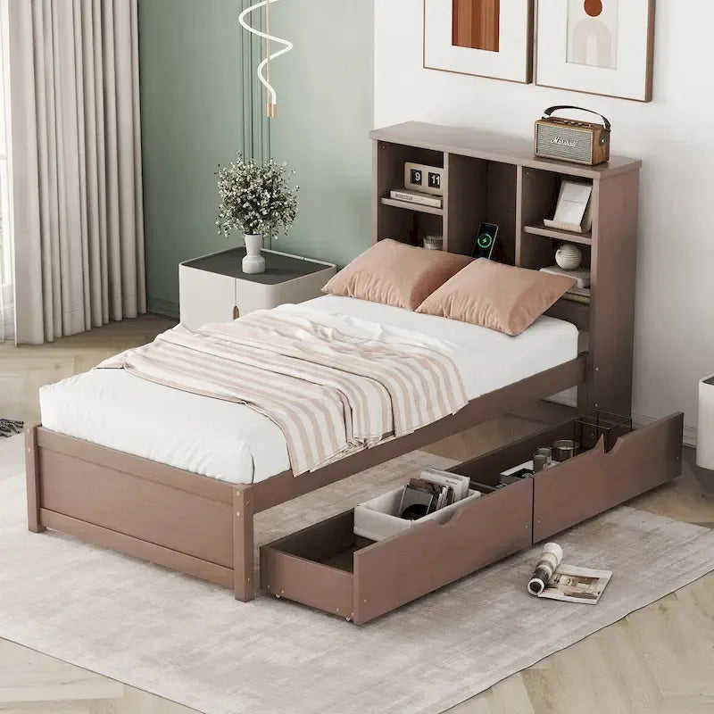 Struttura letto moderna matrimoniale (twin) con porta USB integrata nella testiera a libreria e 2 cassetti, per camera da letto, soggiorno