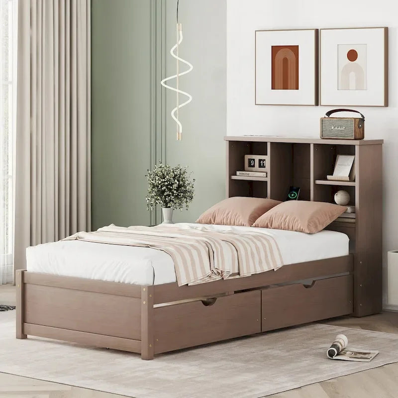 Struttura letto moderna matrimoniale (twin) con porta USB integrata nella testiera a libreria e 2 cassetti, per camera da letto, soggiorno