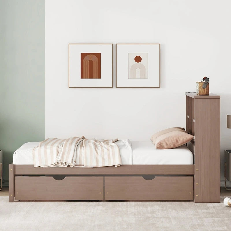 Struttura letto moderna matrimoniale (twin) con porta USB integrata nella testiera a libreria e 2 cassetti, per camera da letto, soggiorno