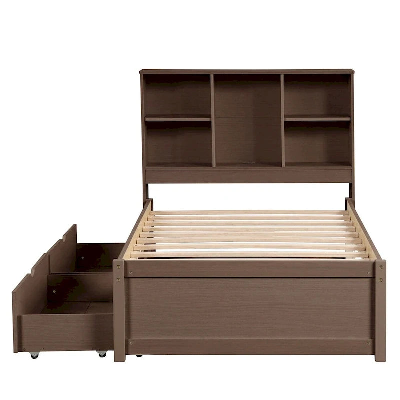 Struttura letto moderna matrimoniale (twin) con porta USB integrata nella testiera a libreria e 2 cassetti, per camera da letto, soggiorno