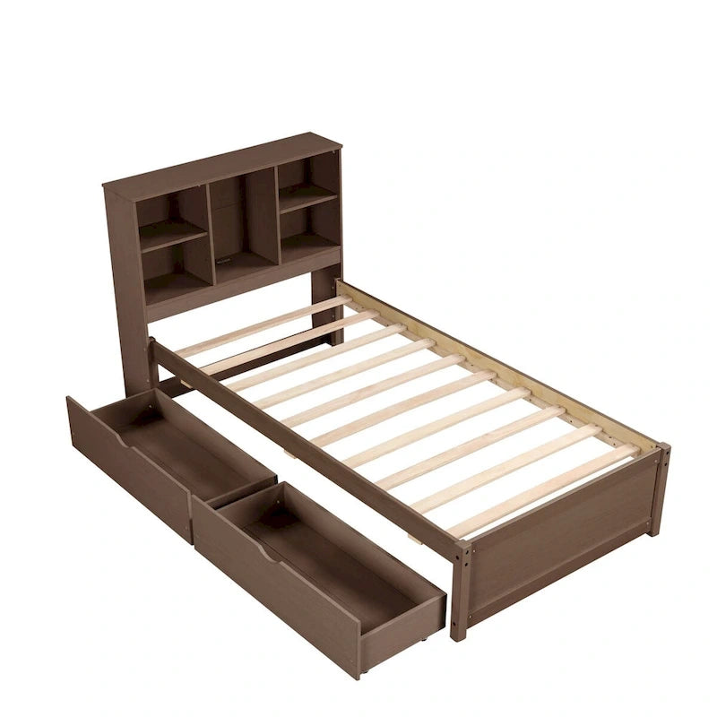 Struttura letto moderna matrimoniale (twin) con porta USB integrata nella testiera a libreria e 2 cassetti, per camera da letto, soggiorno