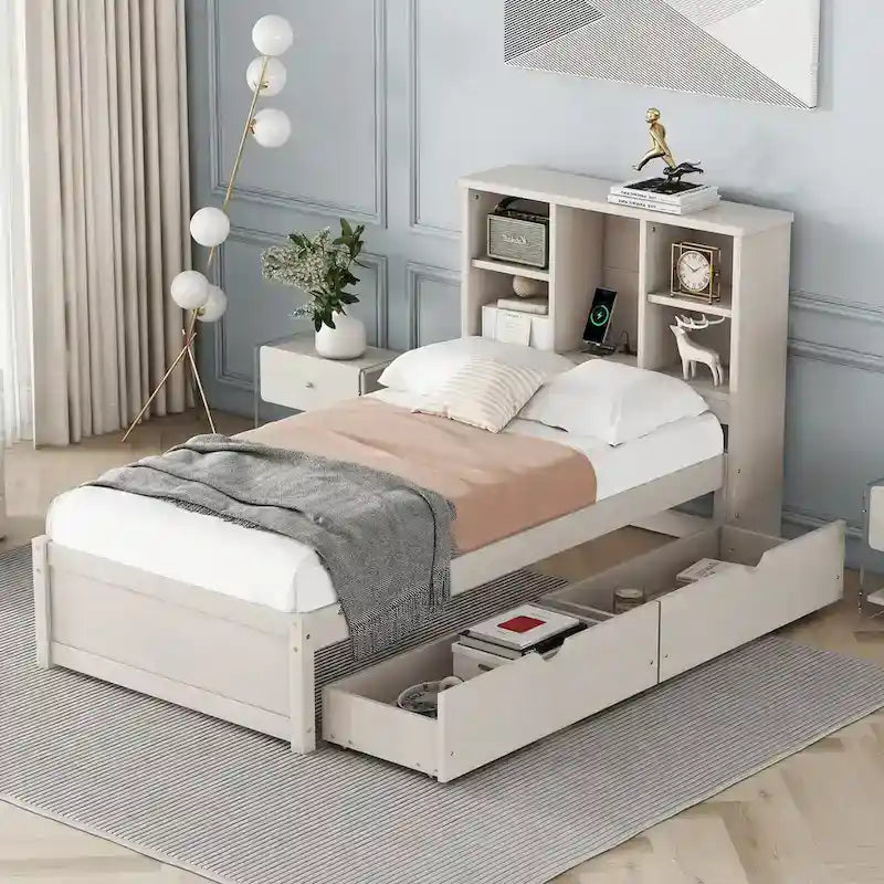 Struttura letto moderna matrimoniale (twin) con porta USB integrata nella testiera a libreria e 2 cassetti, per camera da letto, soggiorno