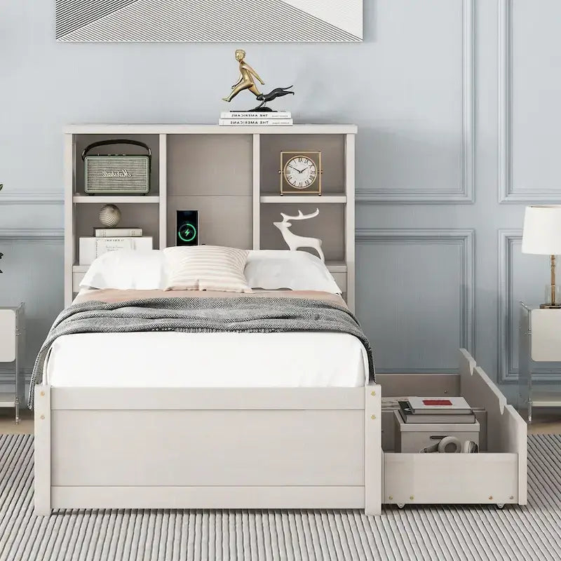 Struttura letto moderna matrimoniale (twin) con porta USB integrata nella testiera a libreria e 2 cassetti, per camera da letto, soggiorno
