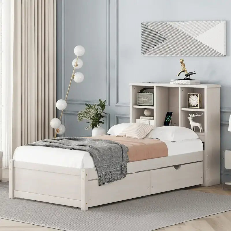Struttura letto moderna matrimoniale (twin) con porta USB integrata nella testiera a libreria e 2 cassetti, per camera da letto, soggiorno