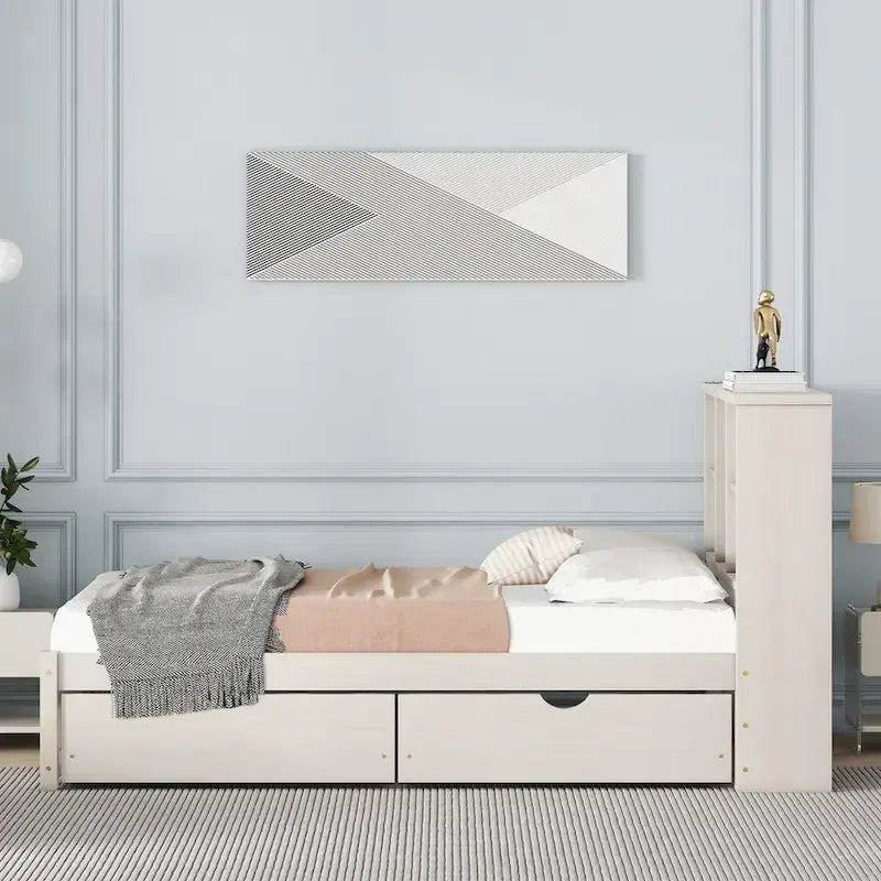 Struttura letto moderna matrimoniale (twin) con porta USB integrata nella testiera a libreria e 2 cassetti, per camera da letto, soggiorno