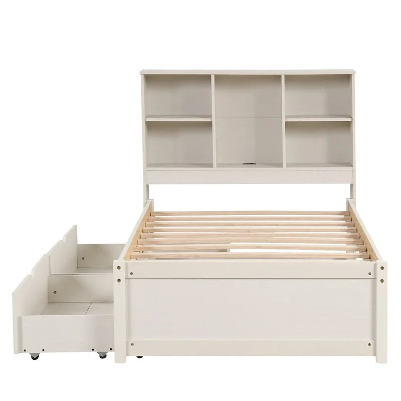 Struttura letto moderna matrimoniale (twin) con porta USB integrata nella testiera a libreria e 2 cassetti, per camera da letto, soggiorno