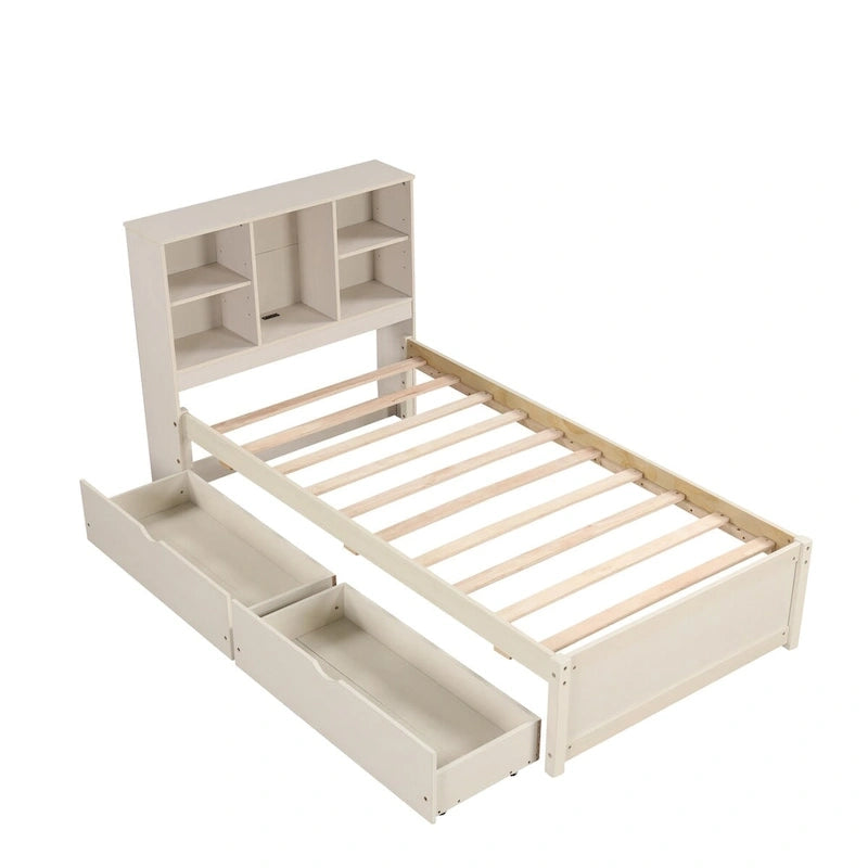 Struttura letto moderna matrimoniale (twin) con porta USB integrata nella testiera a libreria e 2 cassetti, per camera da letto, soggiorno