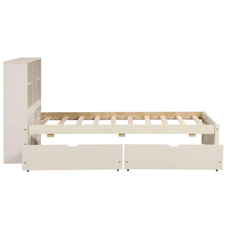 Struttura letto moderna matrimoniale (twin) con porta USB integrata nella testiera a libreria e 2 cassetti, per camera da letto, soggiorno