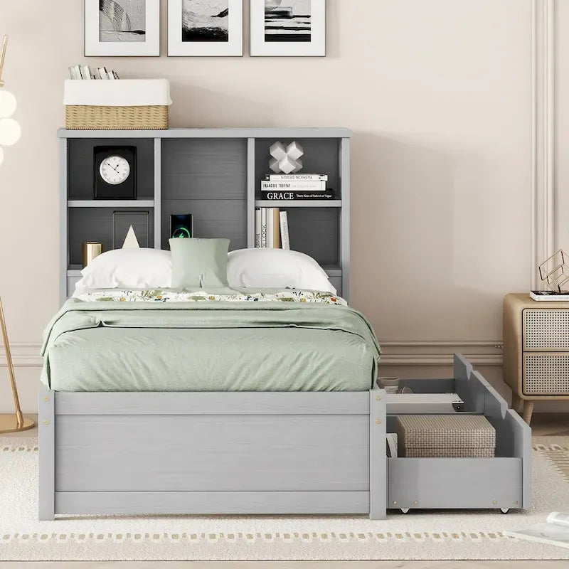 Struttura letto moderna matrimoniale (twin) con porta USB integrata nella testiera a libreria e 2 cassetti, per camera da letto, soggiorno