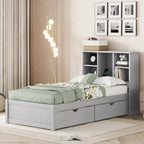 Struttura letto moderna matrimoniale (twin) con porta USB integrata nella testiera a libreria e 2 cassetti, per camera da letto, soggiorno