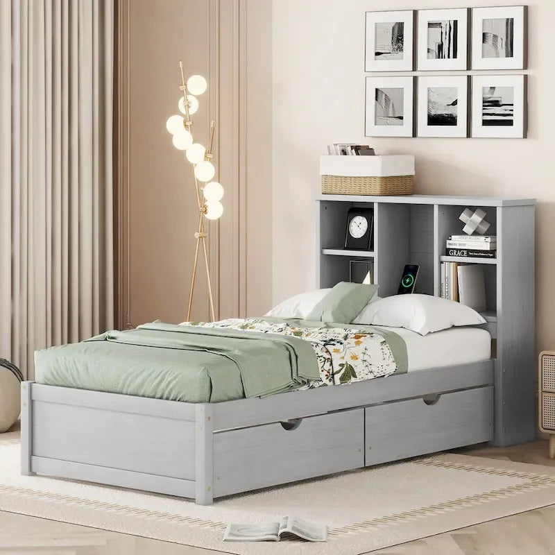 Struttura letto moderna matrimoniale (twin) con porta USB integrata nella testiera a libreria e 2 cassetti, per camera da letto, soggiorno
