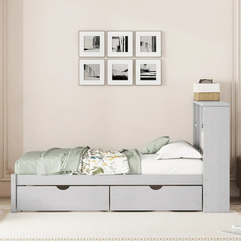 Struttura letto moderna matrimoniale (twin) con porta USB integrata nella testiera a libreria e 2 cassetti, per camera da letto, soggiorno
