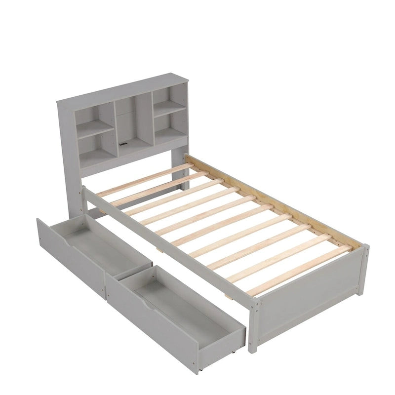 Struttura letto moderna matrimoniale (twin) con porta USB integrata nella testiera a libreria e 2 cassetti, per camera da letto, soggiorno