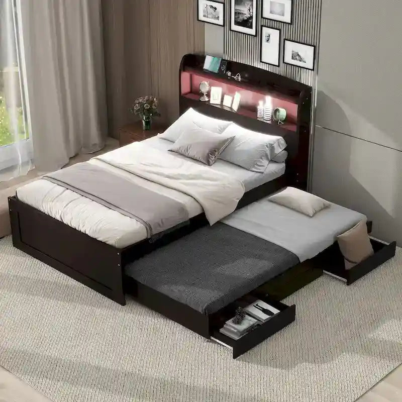 Letto a Piattaforma Twin XL con Contenitore, Testiera a LED, Stazione di Ricarica, Letto Estraibile Twin e 2 Cassetti