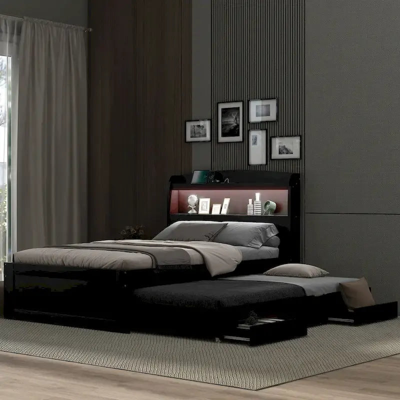 Letto a Piattaforma Twin XL con Contenitore, Testiera a LED, Stazione di Ricarica, Letto Estraibile Twin e 2 Cassetti