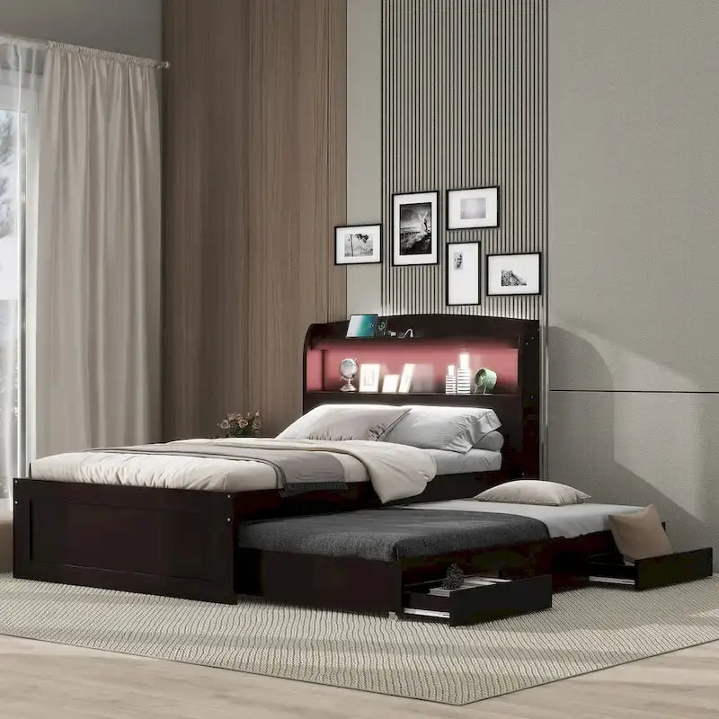 Letto a Piattaforma Twin XL con Contenitore, Testiera a LED, Stazione di Ricarica, Letto Estraibile Twin e 2 Cassetti
