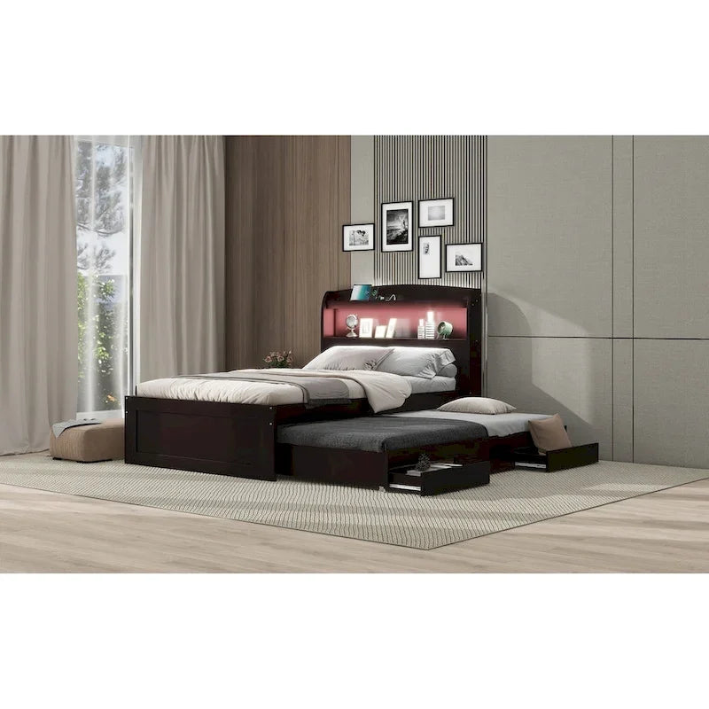 Letto a Piattaforma Twin XL con Contenitore, Testiera a LED, Stazione di Ricarica, Letto Estraibile Twin e 2 Cassetti