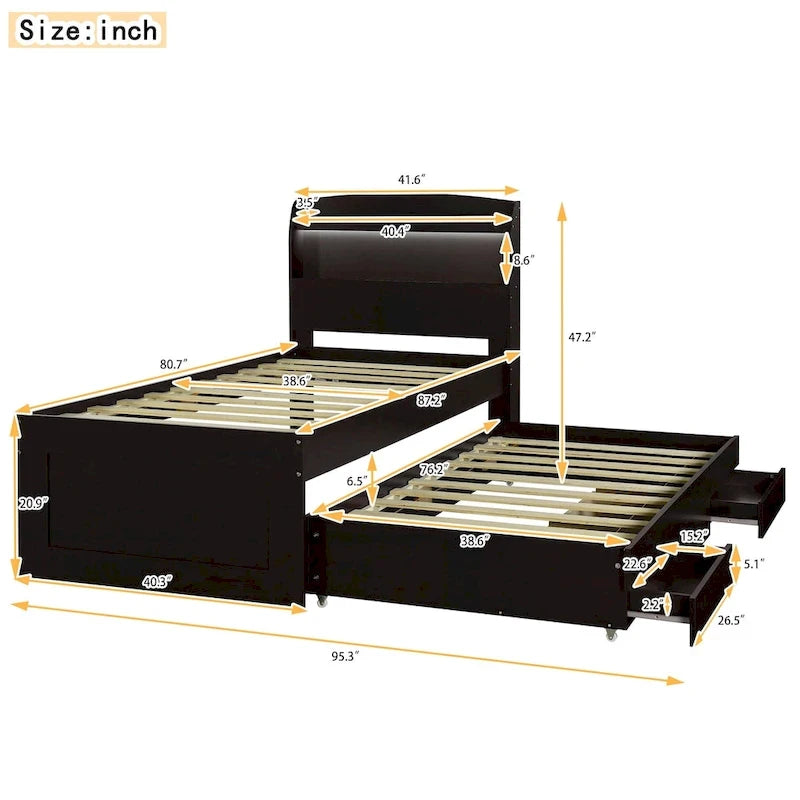 Letto a Piattaforma Twin XL con Contenitore, Testiera a LED, Stazione di Ricarica, Letto Estraibile Twin e 2 Cassetti