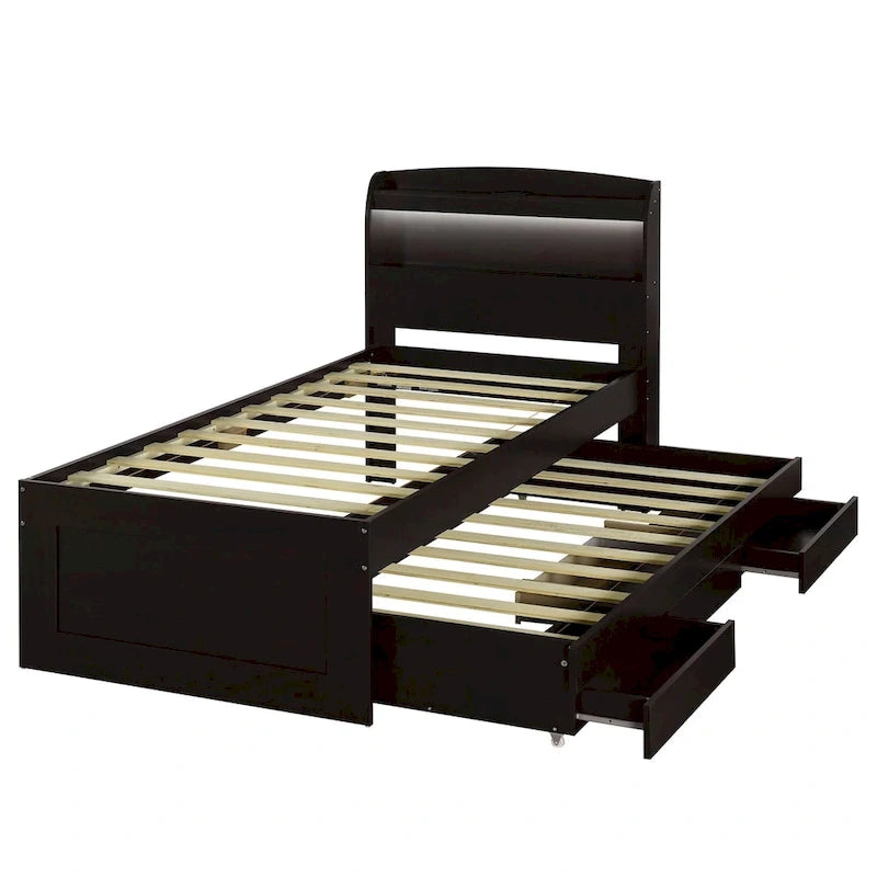 Letto a Piattaforma Twin XL con Contenitore, Testiera a LED, Stazione di Ricarica, Letto Estraibile Twin e 2 Cassetti