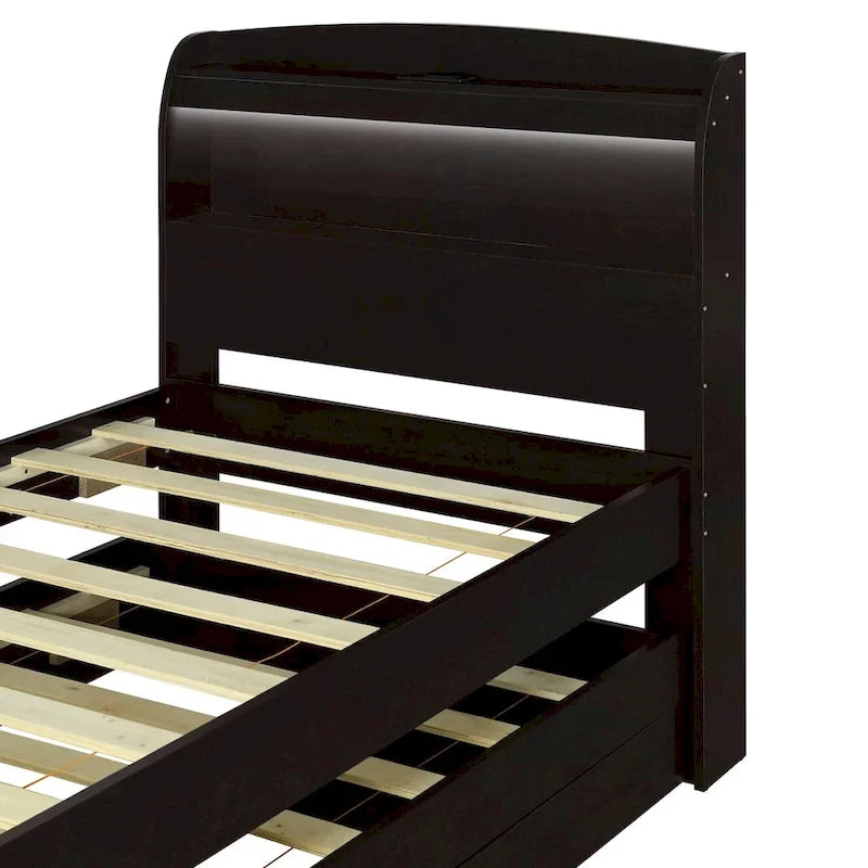 Letto a Piattaforma Twin XL con Contenitore, Testiera a LED, Stazione di Ricarica, Letto Estraibile Twin e 2 Cassetti