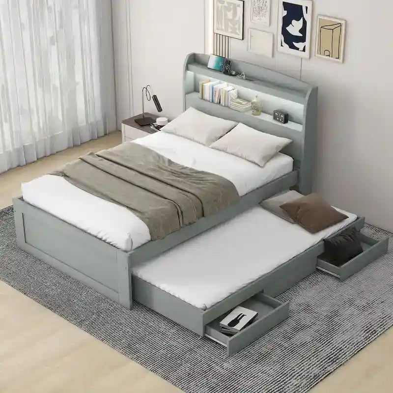 Letto a Piattaforma Twin XL con Contenitore, Testiera a LED, Stazione di Ricarica, Letto Estraibile Twin e 2 Cassetti