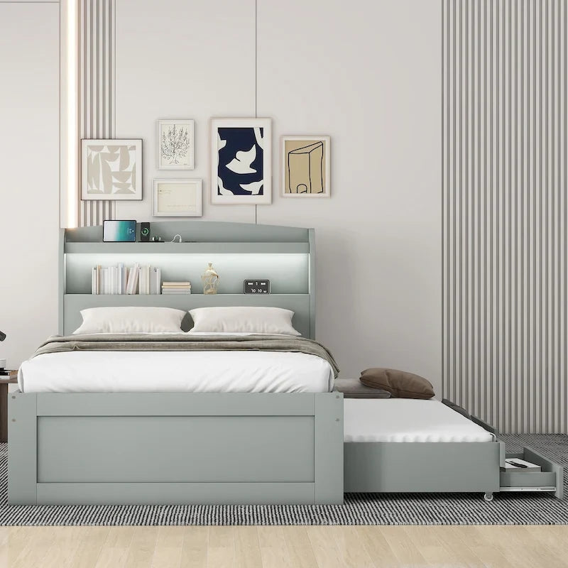 Letto a Piattaforma Twin XL con Contenitore, Testiera a LED, Stazione di Ricarica, Letto Estraibile Twin e 2 Cassetti