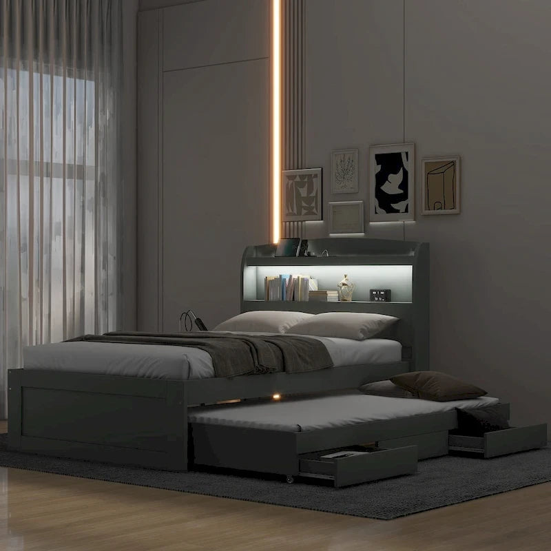 Letto a Piattaforma Twin XL con Contenitore, Testiera a LED, Stazione di Ricarica, Letto Estraibile Twin e 2 Cassetti